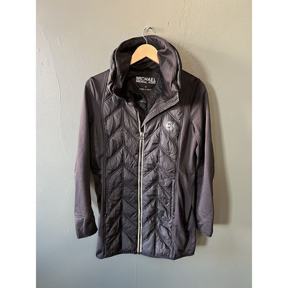 Michael Kors Down Puffer Jacket Sweatshirt Sleeves Womens Size Medium Black